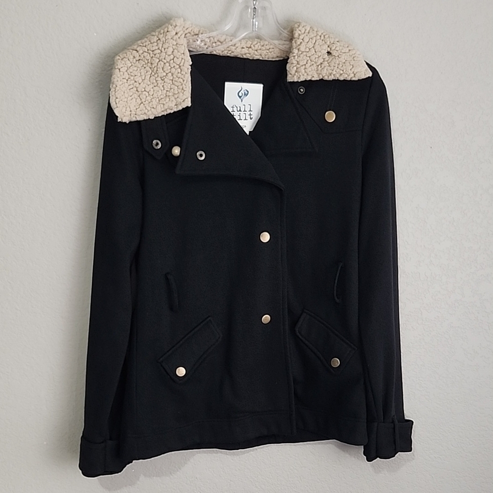 Full Tilt Jacket Womens Size LJacket Shearling Collar Black Off White Cream